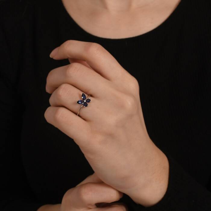 0,92 Karat Pırlanta Safir Kelebek Yüzük - 4
