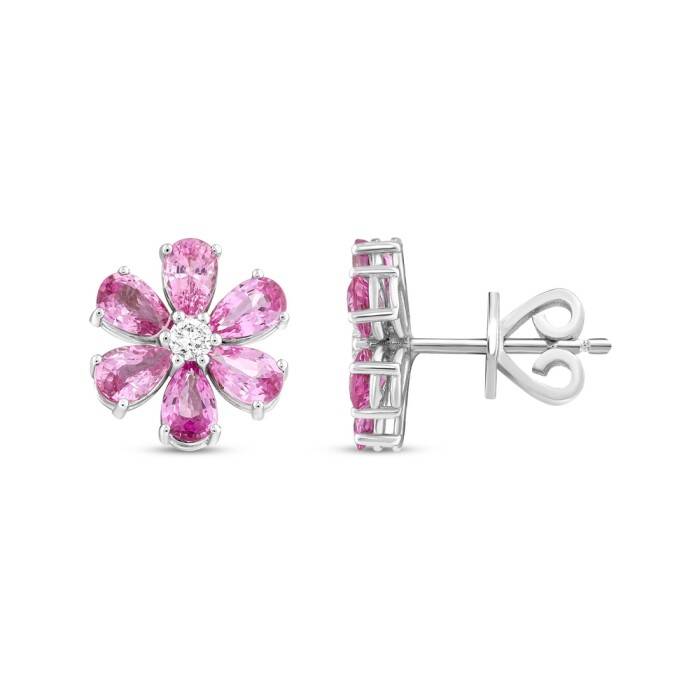 2,90 Karat Pırlanta Pembe Safir Papatya Küpe - 1
